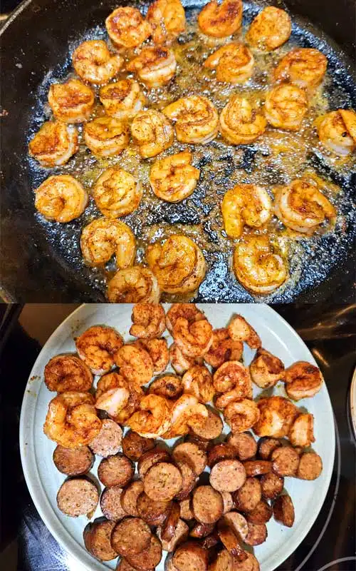 Two photos. The top image shows shrimp being fried in a cast iron skillet. The lower photo shows the cooked shrimp with cooked sausage resting on a blue plate.
