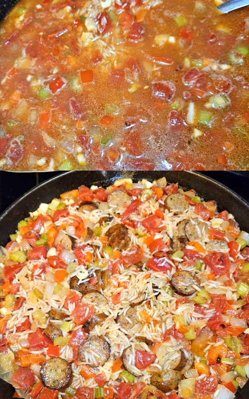Aromatics, diced tomatoes and chicken broth being combined in a cast iron skillet. The lower image shows the dish once uncooked rice, cooked shrimp, and sausage slices have been added.