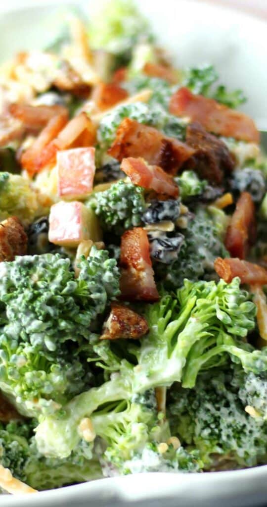 A very close up image of broccoli covered in a white dressing. Diced apples, bacon, and cheddar cheese are also visible.